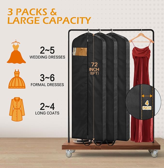MISSLO 72" Wedding Dress Garment Bag Waterproof Garment Bags for Travel for Women Dress Bags for Gowns Long for Closet Storage 3-Pack, Black
