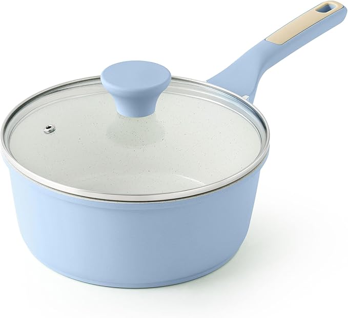SENSARTE Ceramic Nonstick Saucepan with Lid 2.0 Quarts, Small Cooking Pot with Stay Cool Handle, Induction Compatible, Ceramic Coating, Free of Intentionally Added PTFE/PFOA/PFAS, Glacier Blue