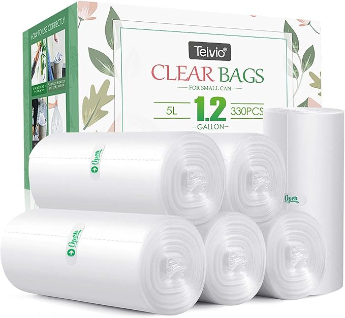 1.2 Gallon 330 Counts Strong Trash Bags Garbage Bags by Teivio, Bathroom Trash Can Bin Liners, Small Plastic Bags for home office kitchen (Clear)