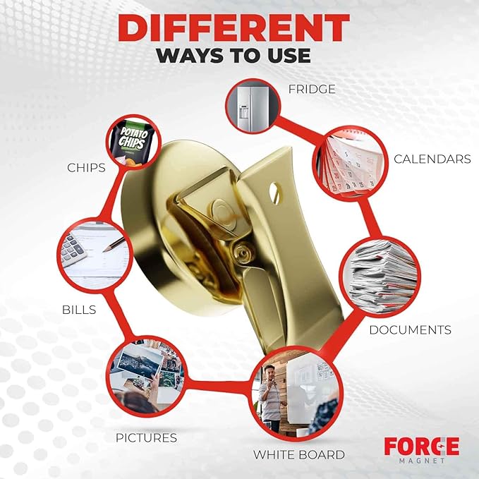 Force Magnet- Magnetic Clips Pack of 10 - Premium Quality Super Strength Magnet Clips with Anti Scratch Pads - Make Notes, Remember Appointments and Hang Keys on Metal Surfaces-Heavy Duty (Gold)