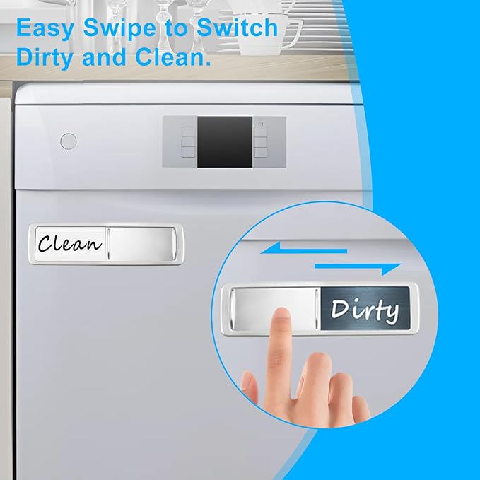 Dishwasher Magnet Clean Dirty Sign, Slide Strong Clean and Dirty Magnet Indicator for Dishwasher, Non-Scratch, Easy to Read, Self-Adhesive Stickers for Non-Magnetic Dishwasher（Darkblue White）