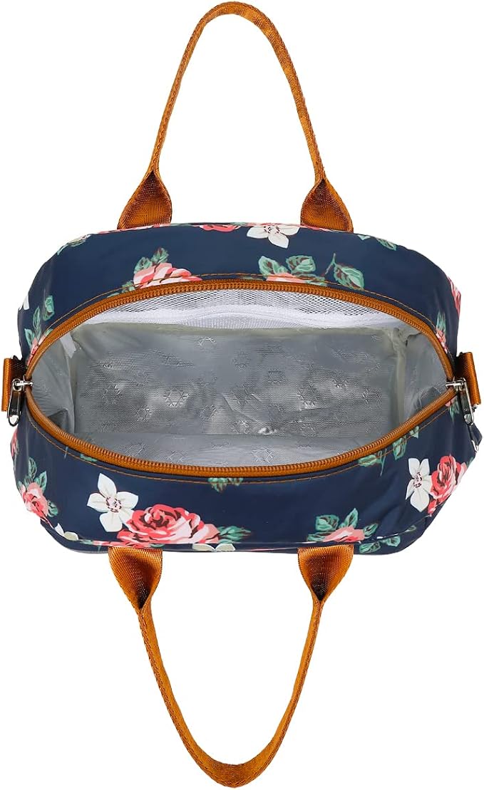 FlowFly Insulated Lunch Bag With Shoulder Strap for Women, Men, and Kids, Large and Reusable, Handle, Freezable Work and School Travel Tote and Meal Prep Organizer, Peony