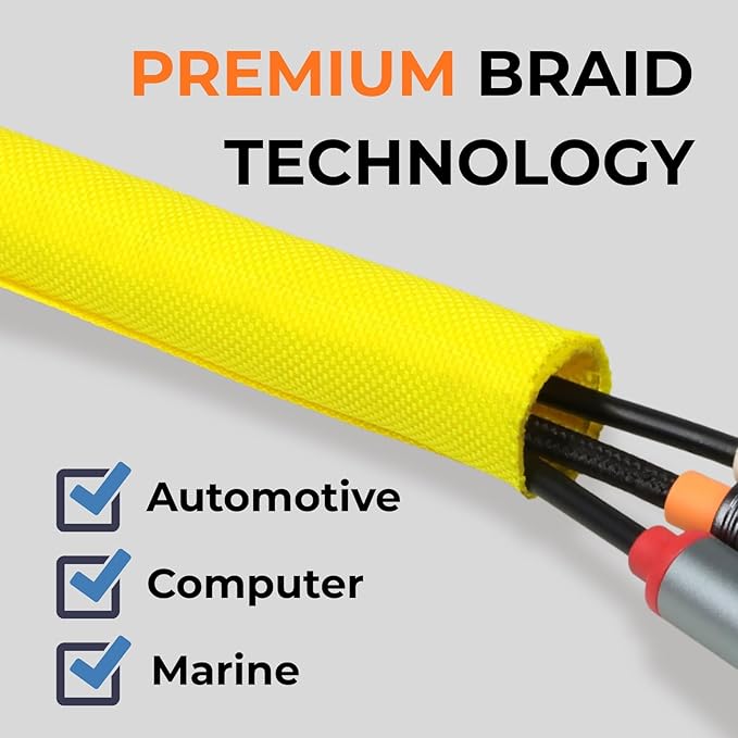 5/8 inch Split Braided Cable Management Sleeve for USB Cable Power Cord Audio Video Cable, Wire Loom Cord Protector from Cat Dog Chewing (Yellow, 25FT)