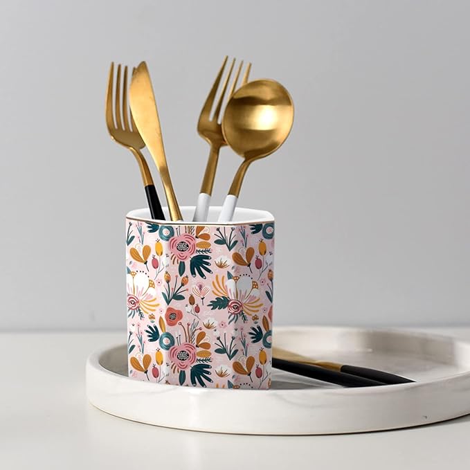 WAVEYU Large Capacity Colored Ceramic Floral Pencil Storage Marker Pen Holder, Cute Home Decor for Christmas, Holiday, Makeup Brush Holder for Girl Women Adult Teen Gift, Pink Flower