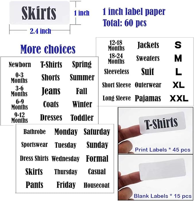 16 Pack White Clothing Rack Size Dividers Plus 60 Labels (1 Inch) and 16 Large Blank Labels, Large Rectangular Clothing Closet Dividers (Pearl White)