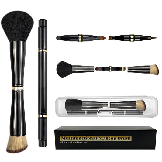 2 Pcs 4 in 1 Makeup Brush Set - Travel Size Powder/Blush, Foundation, Blending, Eye & Lip Brushes