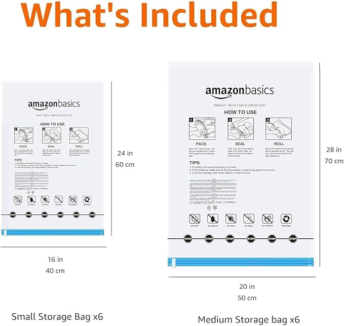 Amazon Basics Roll-Up Travel Zipper Storage Bags, 12 count (6 Small & 6 Medium), Multiple, Clear