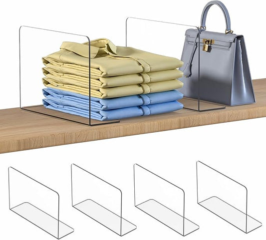 OKPOW Shelf Dividers Closet Organizer - 7.5" Tall X 11.8" Deep Acrylic Clear Sturdy Separate for Clothes Purse - Adjustable Space Saver Easy Install for Home Organization Enthusiasts 4 Pack