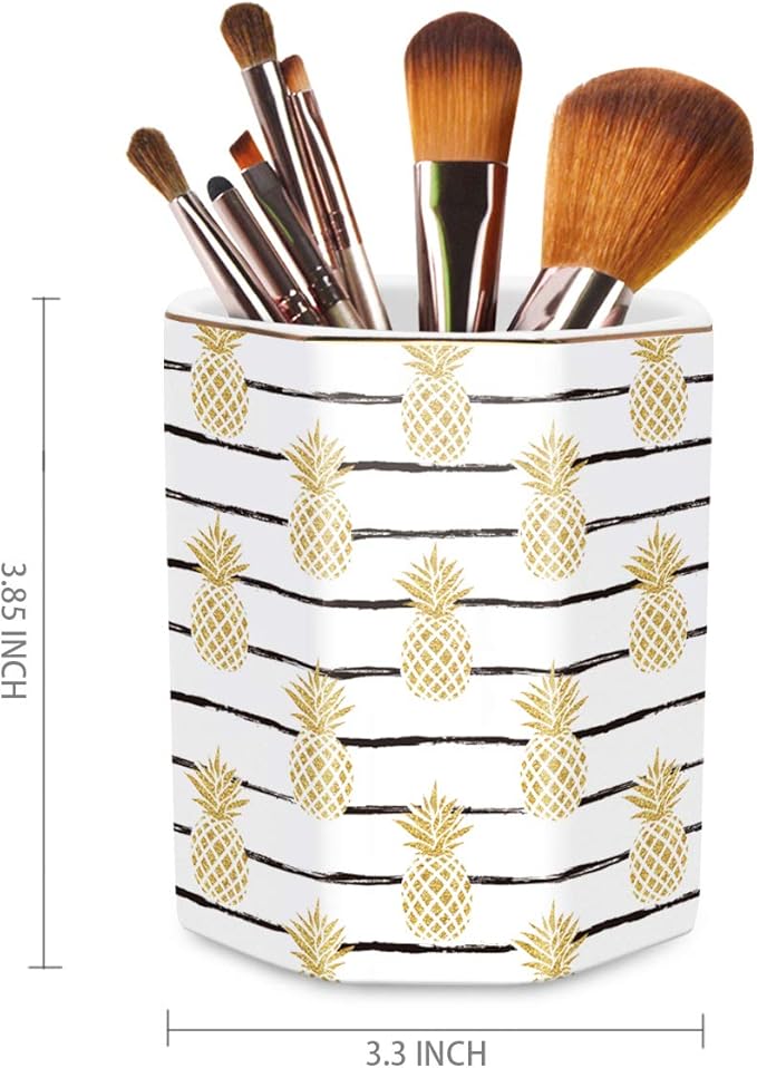 WAVEYU Pen Holder, Pencil Holder for Desk Pineapple Pattern Pencil Cup for Girls Kids Durable Ceramic Desk Organizer Makeup Brush Holder for Office, Classroom, Home, Yellow Pineapple