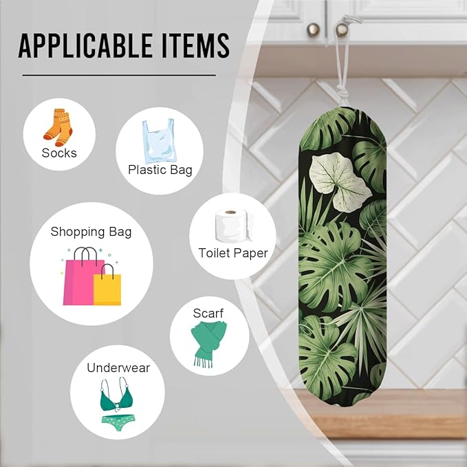 Green Leaves Plastic Bag Holder, Wall Mount Plastic Bags Organizer for Car Trash, Tropical Home Kitchen Decor, Reusable Grocery Bag Organizer, Kitchen Pattern Garbage Bags 52