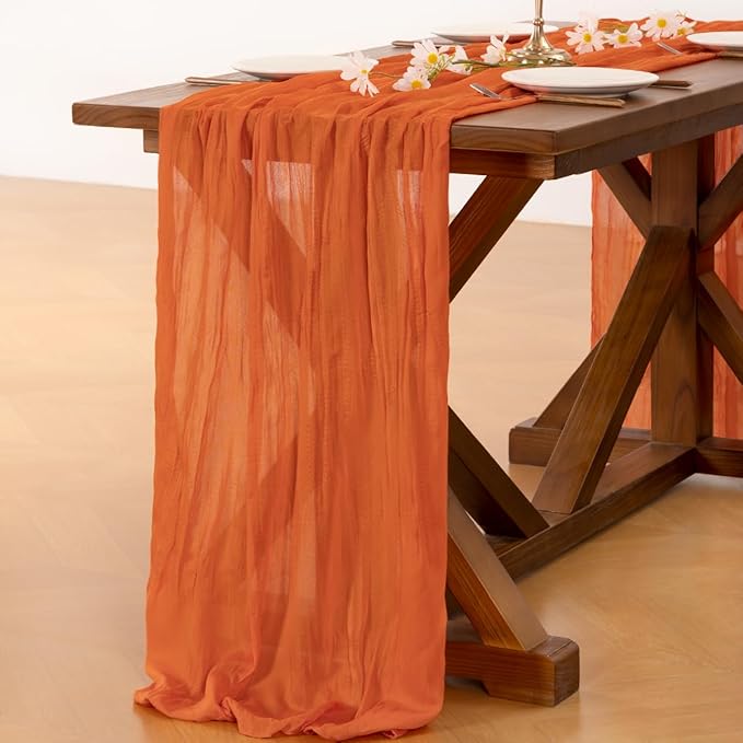 Socomi 10pcs Orange Summer Cheesecloth Table Runner Boho Rustic Gauze 120 inch 10FT Cheese Cloth Sheer Runner for Wedding Party Baby Shower Birthday Home Decor Holiday Decorations