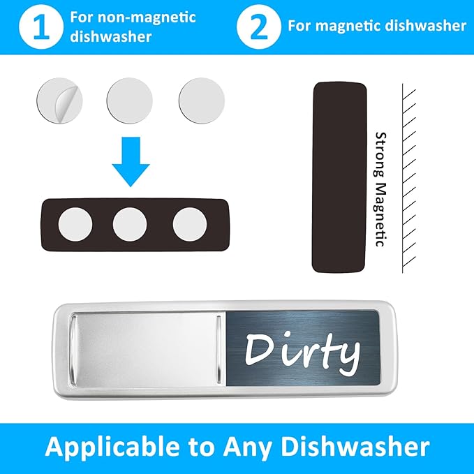 Dishwasher Magnet Clean Dirty Sign, Slide Strong Clean and Dirty Magnet Indicator for Dishwasher, Non-Scratch, Easy to Read, Self-Adhesive Stickers for Non-Magnetic Dishwasher（Darkblue White）