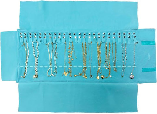 UnionPlus Velvet Travel Jewelry Roll Bag Organizer for Necklaces Bracelets, Extra Large Black with Elastic Band for Necklaces Only, River Blue