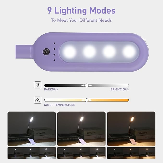 VAVOFO Rechargeable Book Light for Reading in Bed Kids, 7 LED Reading Light with 9-Level Warm Cool White Daylight, Eye Care Lamp with Power Indicator for Bookworms (Purple)