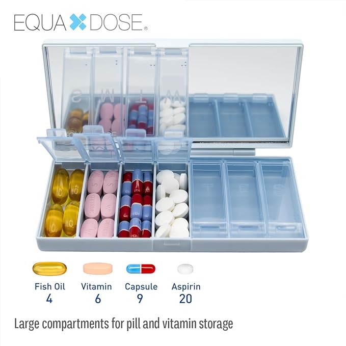 EQUADOSE Weekly Pill Case, 7-Day Medicine Organizer with Mirror, Compact Vitamin Storage Box, Pill Planner, 7 Individual Compartments for Supplements, Tablets, and Medications, Blue