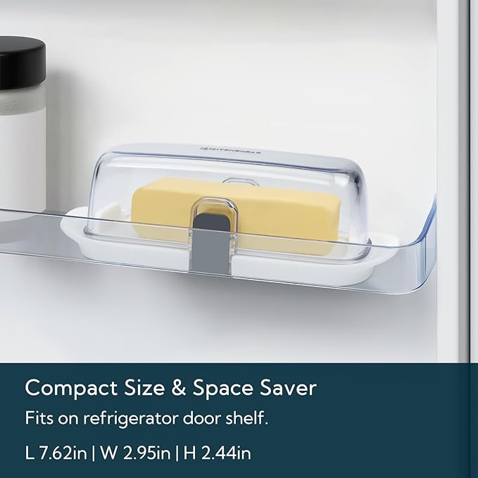 KITCHENDAO One-handed Airtight Butter Dish with Lid for Countertop and Refrigerator Door Shelf, Butter Holder with One Press to Open/Close Secure Latching Buckle for West/East Coast Butter (White)