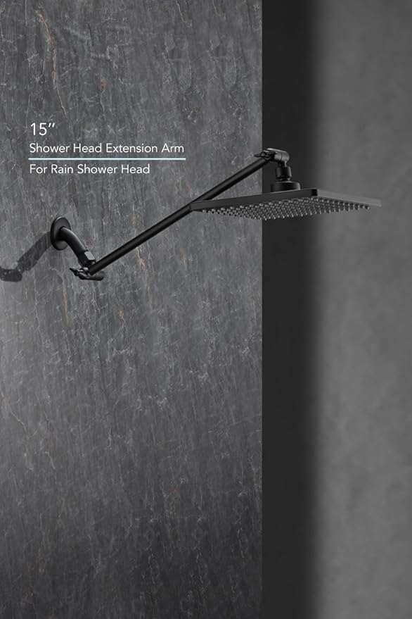 15 Inch Extra Long Adjustable Shower Head Extension Arm With Locking Set Screw, Singing Rain 304 Stainless Steel Angle Height Adjustable, Easy Install, G1/2 Universal Connector Compatible (Matt Black)