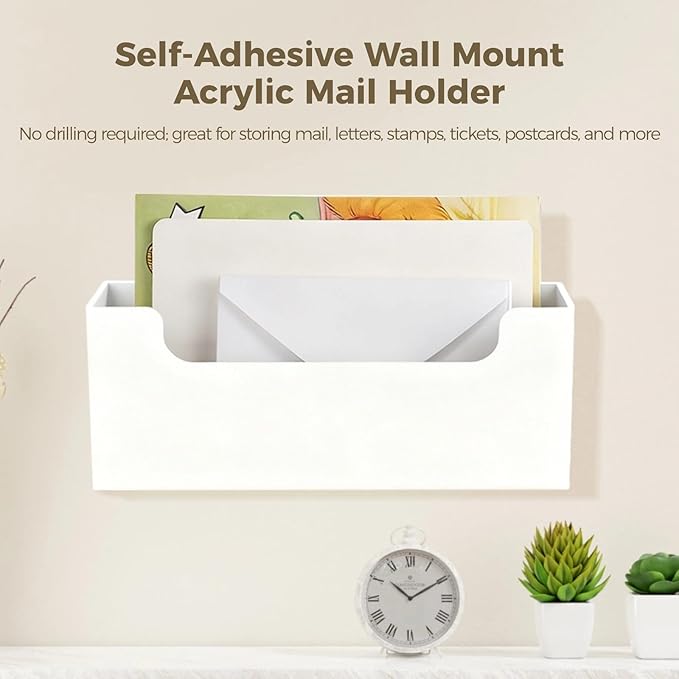 Homaisson Clear Acrylic Mail Holder Box for Desk or Wall Mount, Mail Organizer Countertop, Modern Wall Mounted or Tabletop Mailbox, Letter Storage Organizer Box (White)