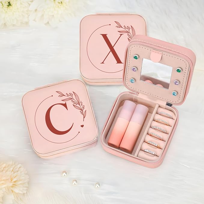 SANDJEST Personalized Jewelry Box, Pink Small Travel Jewelry Box with Initial C, Monogrammed Jewelry Case Organizer for Girls Women Teen, Mini Travel Essentials Gifts for Christmas Birthday