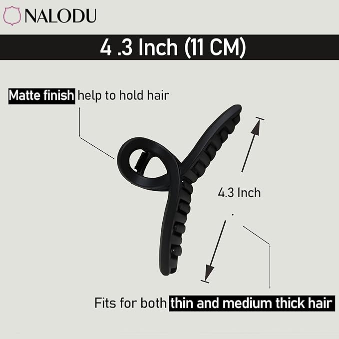 4.3 Inch Hair Claw Clips Large 4 Inch No Slip Big Black Matte Jaw Clip for Thin Fine and Medium Thick Hair Women, 4 Pack