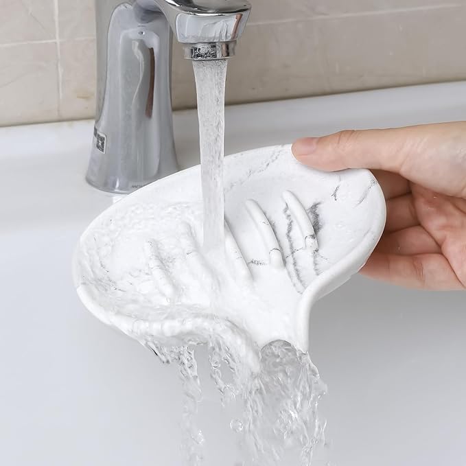 2 Pcs Soap Dish with Drain- Self Draining Bar Soap Holder for Shower, Marble Look Soap Savers Soap Tray Sponge Holder for Kitchen, Bathroom, Bathtub Sink, White