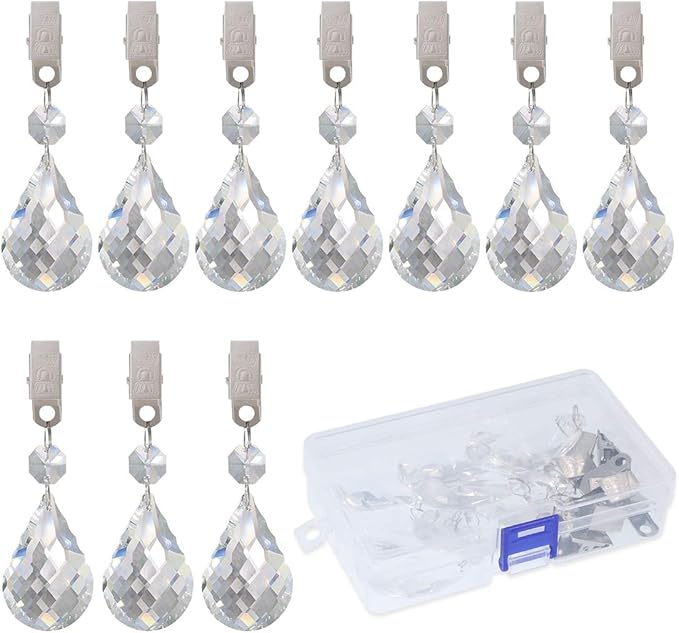 Swpeet 10pcs Cucurbit Tablecloth Weights with 10pcs Metal Clip Kit, Crystal Glass Teardrop Prisms Pendant Tablecloth Weights for Picnic Tables