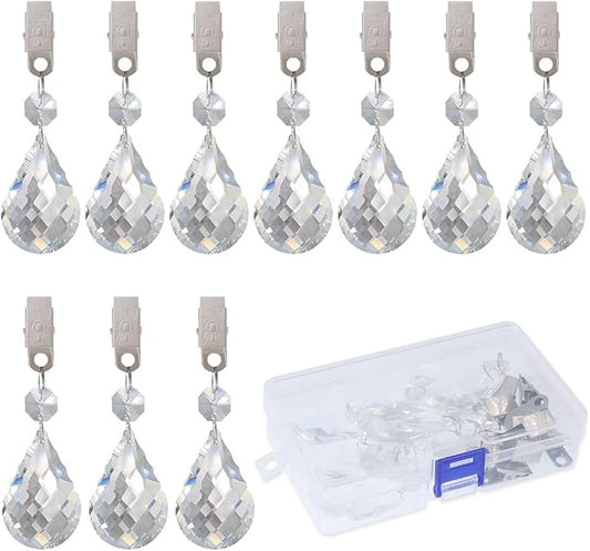 Swpeet 10pcs Cucurbit Tablecloth Weights with 10pcs Metal Clip Kit, Crystal Glass Teardrop Prisms Pendant Tablecloth Weights for Picnic Tables
