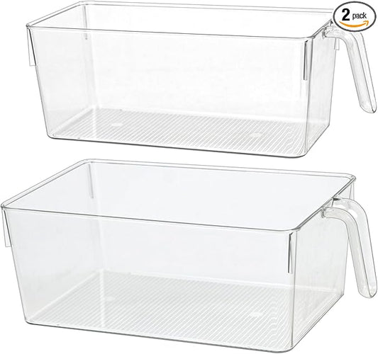2pcs Clear Kitchen Storage Bins, pantry organizers and storage, Small Clear Containers for Organizing, Fridge Organizer, Cabinet Shelf Storage Bins (M+S)