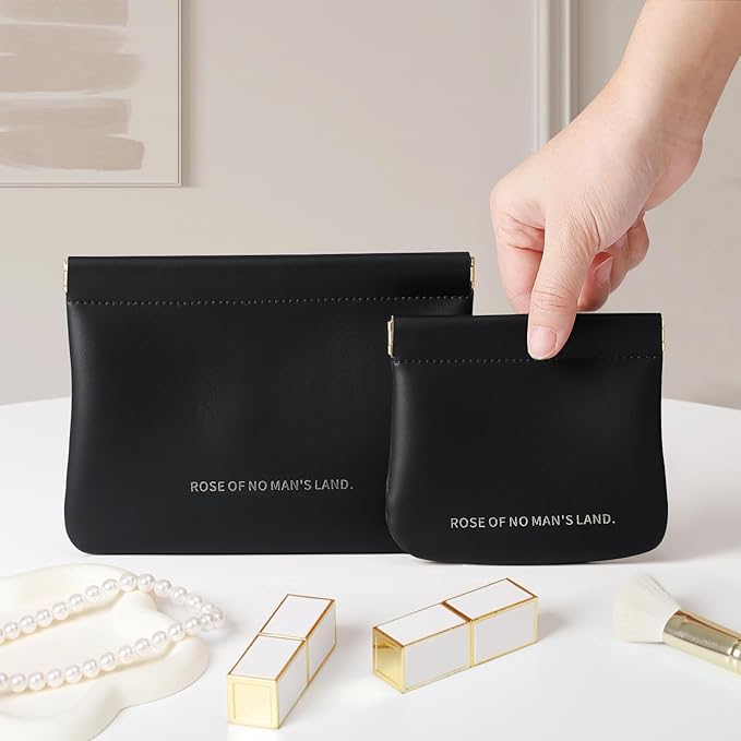 2pcs Small Pouches for Purse, Self-closing Mini Makeup Bag, Organosilicon Super Fiber Leather Coin Purse for Women Travel Pouch Small Cosmetic Bag| Lipstick, Jewelry, Change, Card (Black)