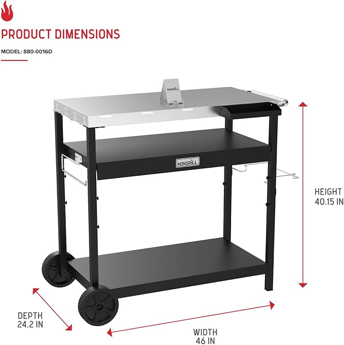 Nexgrill Large Stainless Steel Grill Table with Double Shelf for Griddle, 46" L x 24" W x 40" H, 648 Sq. in., Portable Grill Cart with Side Handle, Paper Towel, and Trash Bag Holder - 880-0016D