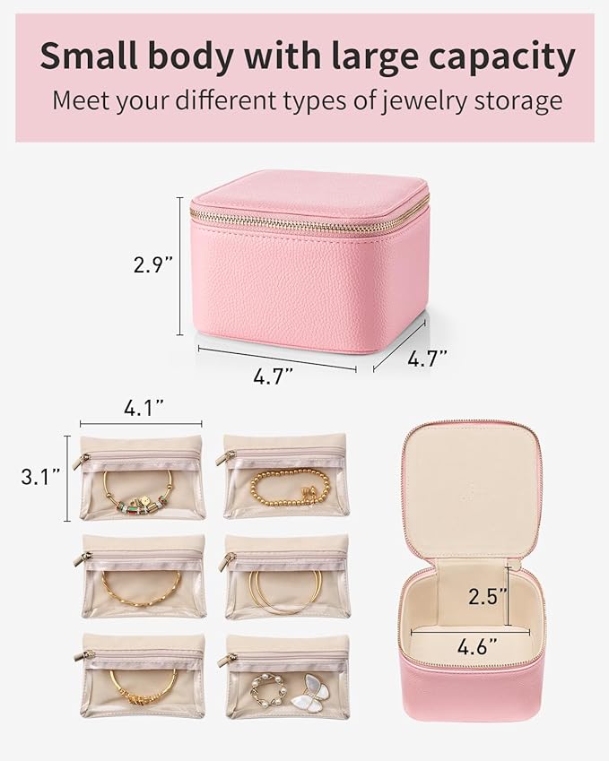 Vlando Jewelry Travel Case,Travel Jewelry Organizer with Clear Velvet Jewelry Bags 6Pcs Zipper Pouch for Women Girl Traveler Gift-Strawberry Pink
