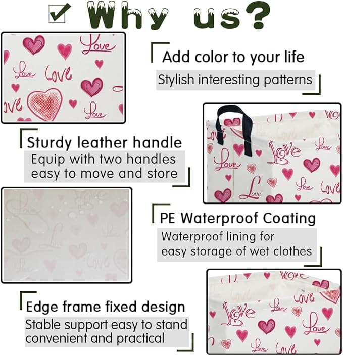 Rectangular Pink Valentine's Day Gift Basket,nursery basket,Pink girls gift baskets,kids toy storage Bin, Love Heart Room Decor for Home,Shelf Baskets(Beautiful love)