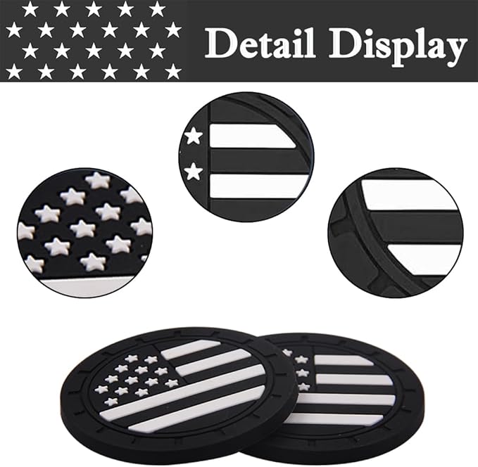 ACODABLEM 2 Pack Car Cup Holder Coaster, 2.75 Inch American Flag Soft Rubber Pad Set Round Auto Cup Holder Insert Drink Coaster Car Interior Accessories (Black White)