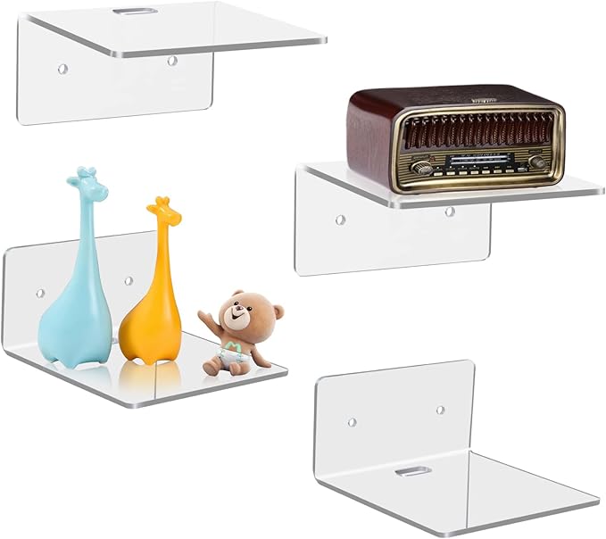 4 Pack Small Wall Shelf, 4'' Acrylic Wall Shelves Display Ledges for Storage & Decoration, Small Floating Shelf for Wall with 2 Types of Installation (Adhesive or Screw)