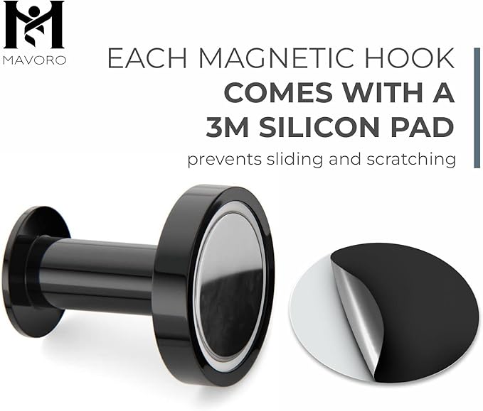 Mavoro Strong Magnetic Hooks for Hanging Coats and Bags. Set of 4 Black Magnet Hooks Heavy Duty Magnets, Neodymium 52 Rare Earth Magnets. Push Pin Style Magnet Hook for Refrigerator, Locker etc