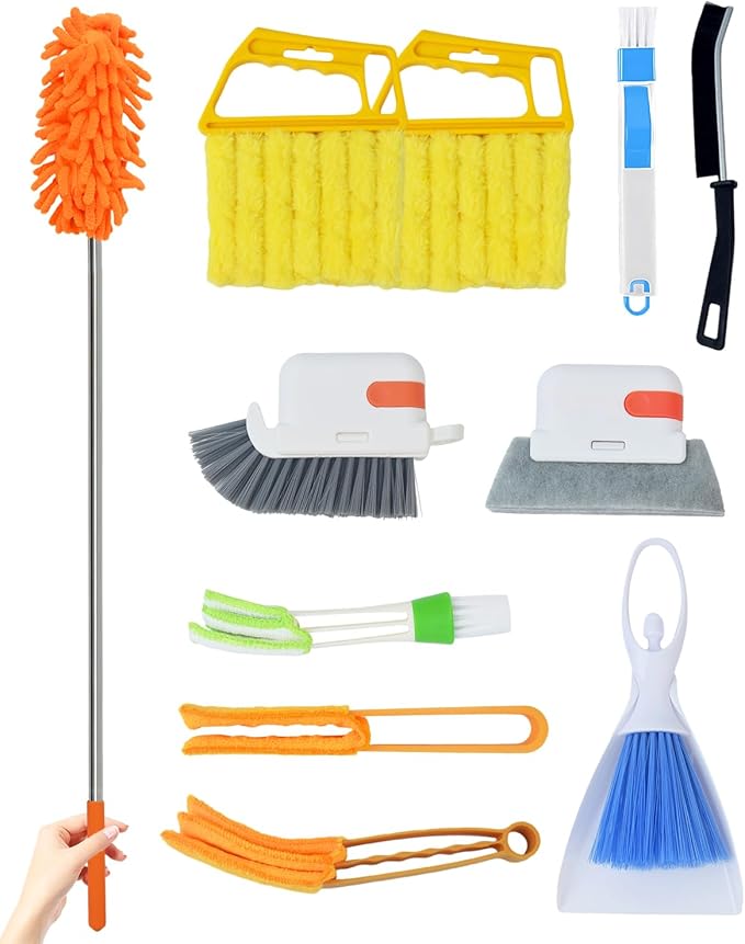11 Pcs Blind Cleaner Duster Tool Kit – Mini & Window Blinds Cleaner Brush Set, Air Vent & Track Cleaning Tools, Window Groove & Sill Scrubber for Home, Car, AC, Sliding Doors - Yellow
