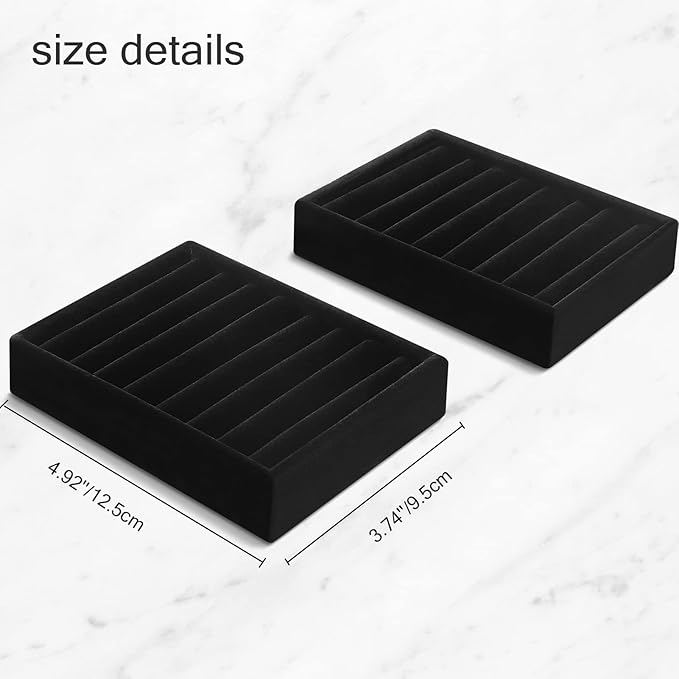 DesignSter Small Jewelry Tray-Ring Organizer 2PCS Premium Velvet Rings Earrings Display Tray Storage Insert Holder for Jewelry Box, Drawer, Dresser (8 Slots, Black)