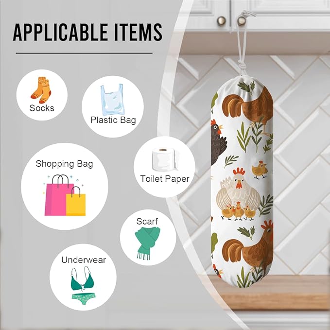 Chicken Animal Plastic Bag Holder, Funny Chickens Grocery Bags Storage Organizer, Reusable Shopping Bags Dispenser for Kitchens Pantry, Farmhouse Kitchen Decor Gifts, Kitchen Pattern Garbage Bag 46