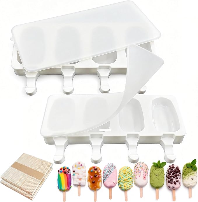 2 Pack Silicone Popsicle Molds, Largre Oval 4 Cavities Homemade Ice Pop Molds with 100 Wooden Sticks for Ice Cream, Cakesicles, Cake Pop