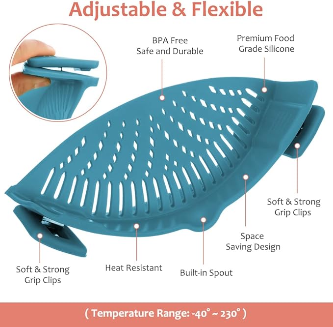 YEVIOR Clip on Strainer for Pots Pan Pasta,Silicone Food Strainer Hands-Free Pan Strainer, Clip-on Kitchen Food Strainer for Spaghetti, Pasta, Ground Beef Fits All Bowls and Pots (Teal)