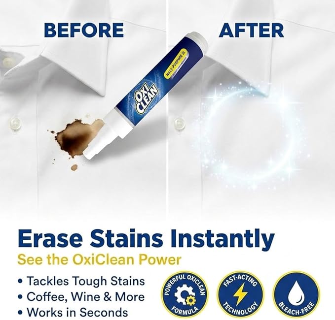 OxiClean On The Go Stain Remover Pen for Clothes, Portable Instant Travel Size Stick, Safe Cloth Stain Remover for Makeup Food and Drink, Stain Pen for Clothes, Pack of 3