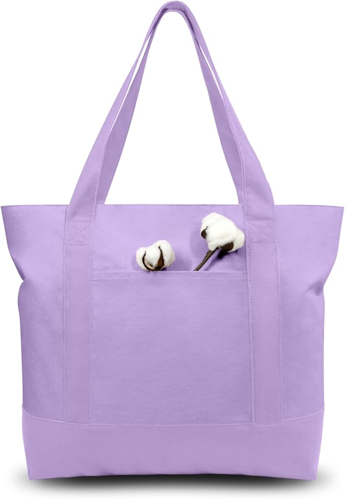 TOPDesign 3-Pack Canvas Tote Bags with an External Pocket, Reusable Grocery Shopping Bags, Top Zipper Closure, Daily Essentials (Lavender)