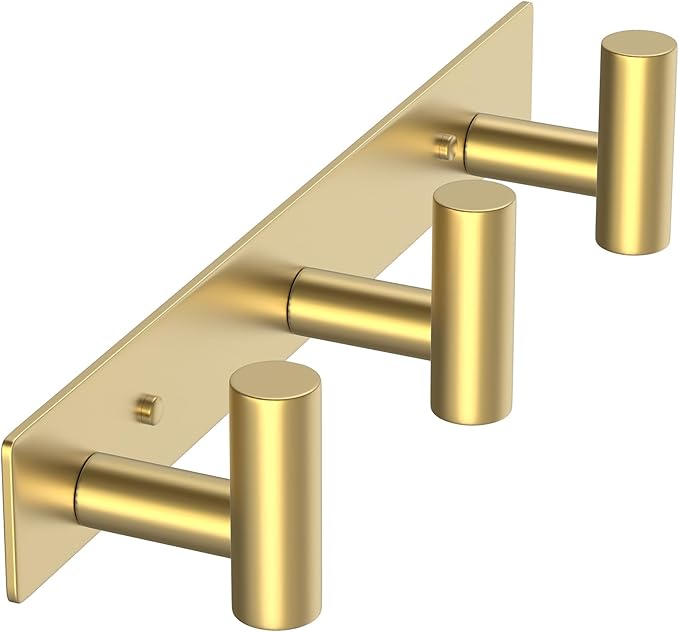 VAEHOLD Hat and Coat Wall Mount Rack - Hooks for Robes, Bags, Keys, and Towels - Bathroom Towel Hanger Organizer (Gold, "T" Shape 3 Hooks 1 Pack)
