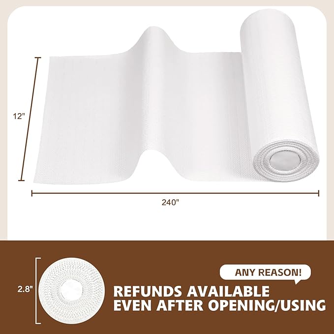 Shelf Liners for Kitchen Cabinets 12in x 20FT, Non Adhesive Drawer Liner Pure White Thickened Shelf Liner Non-Slip Easy to Clean for Tool Box Refrigerator with Knife and Tape Measure