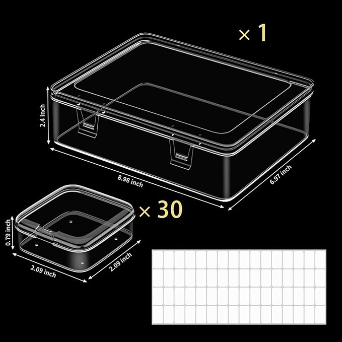 Bead Organizer Box, 30pcs Small Clear Plastic Storage Containers, Craft Storage Box Features Hinged Lid and Labels, Mini Boxes for Bracelets, Jewelry, Diamonds, Clay Beads, Screws, Seeds, Small Parts