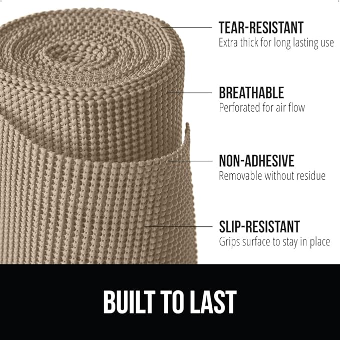 GORILLA GRIP powerGRIP Drawer Shelf and Cabinet Liner, Thick Strong Hold, Non-Adhesive Liners Protect Kitchen Cabinets and Cupboard, Bathroom Drawers, Easy Install, Breathable Mat, 20" x20', Beige