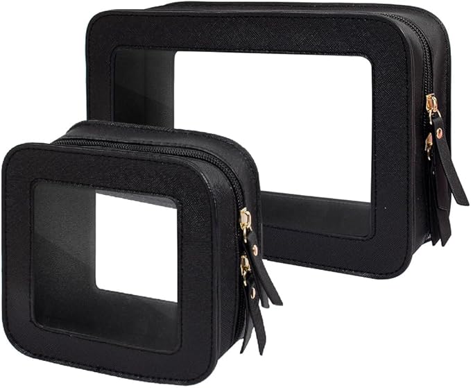 2 Pcs Travel Clear Makeup Bag Set, Clear Black Makeup Organizer with Zipper Leather Travel Bags for Toiletries Small Cosmetic Bags for Women Mini Make up Pouch Toiletry Bags Car Essentials