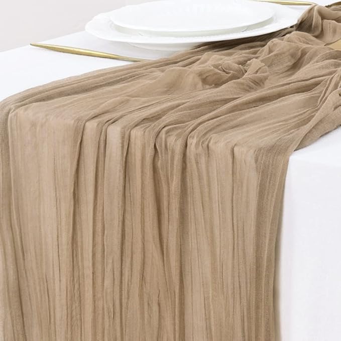 Socomi 15pcs Nude Brown Cheesecloth Table Runner Summer Boho Rustic Gauze 120 inch 10FT Cheese Cloth Sheer Runner for Wedding Party Baby Shower Birthday Home Decor Holiday Decorations