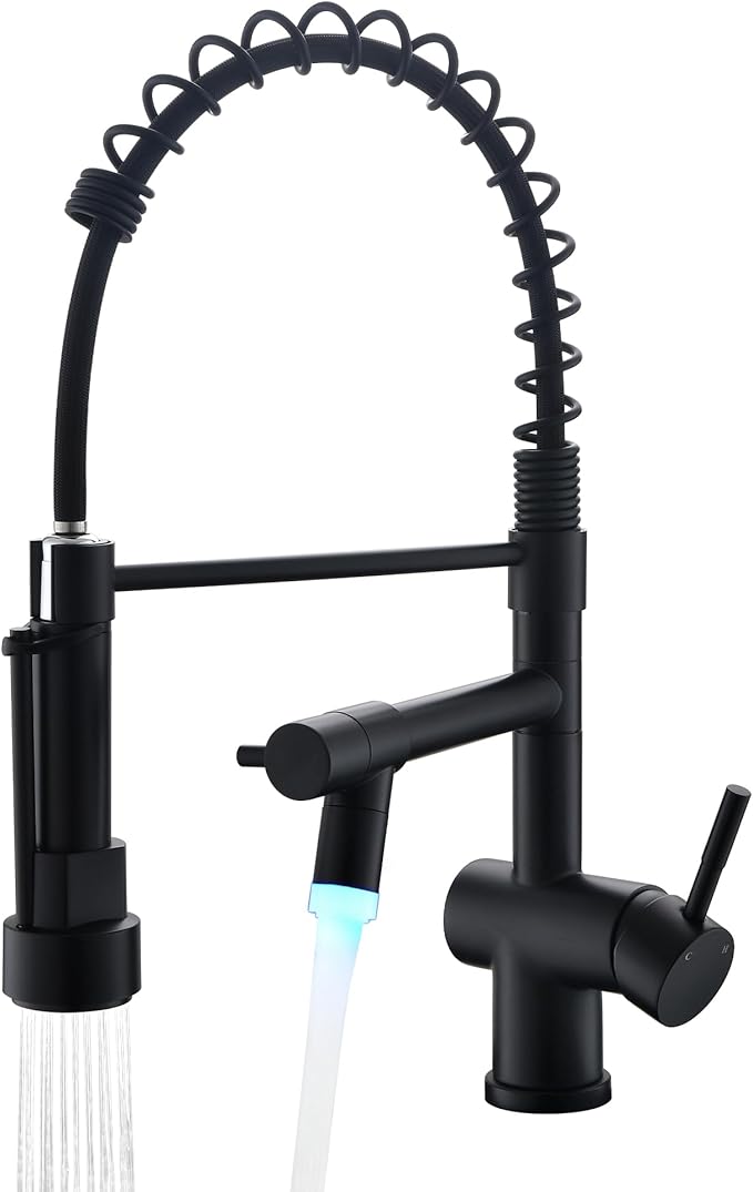 VFAUOSIT Matte Black Kitchen Faucet with LED Light – Commercial Spring Pull Down Dual Outlet, 360° Swivel Lower Spout + High Pressure Sprayer, Stainless Steel for RV Camper Laundry Sink
