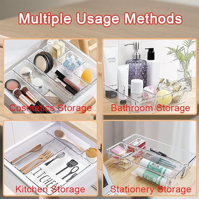 25 PCS Transparent Plastic Drawer Organizer Set, 4 Sizes of Multifunctional Desktop Drawer Organizer, Suitable for Cosmetics Jewelry As Well As small Tools in Bedrooms Bathrooms Kitchens and Offices